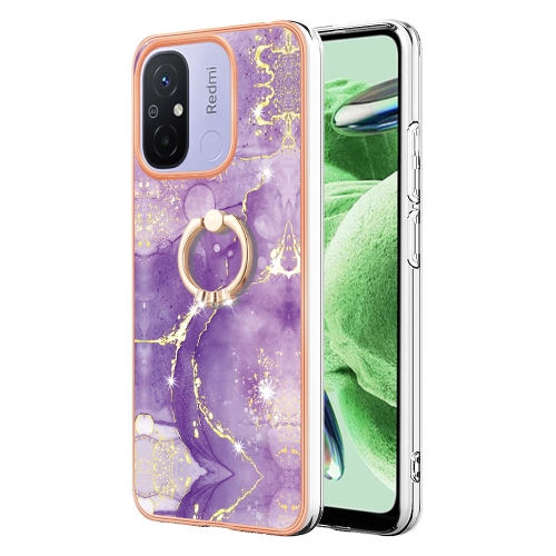 

For Xiaomi Redmi 12C / 11A 4G Global Electroplating Marble IMD TPU Phone Case with Ring Holder(Purple 002)