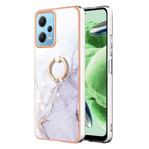 

For Xiaomi Redmi Note 12 5G Global/Poco X5 5G Electroplating Marble IMD TPU Phone Case with Ring Holder(White 006)