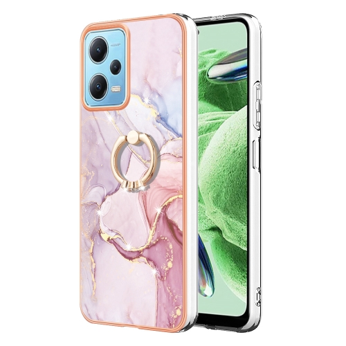 

For Xiaomi Redmi Note 12 5G Global/Poco X5 5G Electroplating Marble IMD TPU Phone Case with Ring Holder(Rose Gold 005)