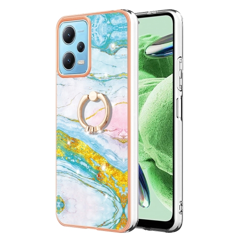 

For Xiaomi Redmi Note 12 5G Global/Poco X5 5G Electroplating Marble IMD TPU Phone Case with Ring Holder(Green 004)