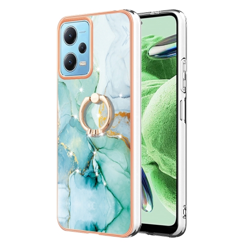 

For Xiaomi Redmi Note 12 5G Global/Poco X5 5G Electroplating Marble IMD TPU Phone Case with Ring Holder(Green 003)