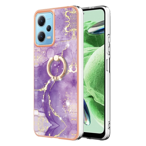 

For Xiaomi Redmi Note 12 5G Global/Poco X5 5G Electroplating Marble IMD TPU Phone Case with Ring Holder(Purple 002)