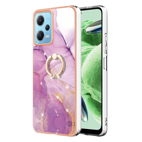 

For Xiaomi Redmi Note 12 5G Global/Poco X5 5G Electroplating Marble IMD TPU Phone Case with Ring Holder(Purple 001)