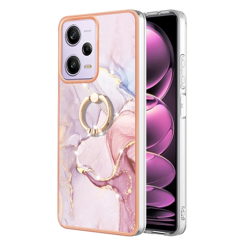 

For Xiaomi Redmi Note 12 Pro 5G Global Electroplating Marble IMD TPU Phone Case with Ring Holder(Rose Gold 005)