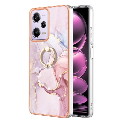 

For Xiaomi Poco X5 Pro 5G Electroplating Marble IMD TPU Phone Case with Ring Holder(Rose Gold 005)