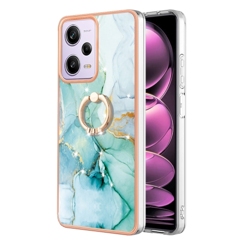 

For Xiaomi Poco X5 Pro 5G Electroplating Marble IMD TPU Phone Case with Ring Holder(Green 003)