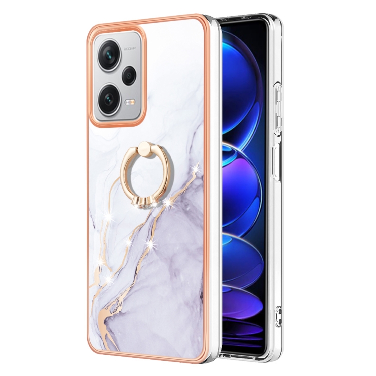 

For Xiaomi Redmi Note 12 Pro+ Global Electroplating Marble IMD TPU Phone Case with Ring Holder(White 006)