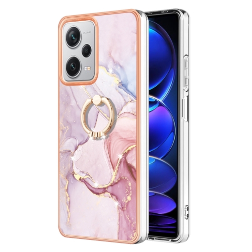 

For Xiaomi Redmi Note 12 Pro+ Global Electroplating Marble IMD TPU Phone Case with Ring Holder(Rose Gold 005)
