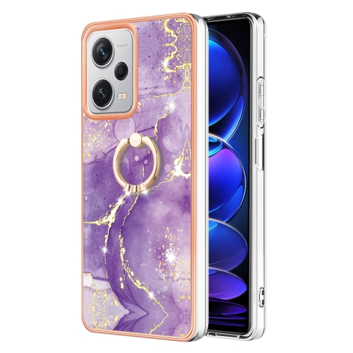 

For Xiaomi Redmi Note 12 Pro+ Global Electroplating Marble IMD TPU Phone Case with Ring Holder(Purple 002)