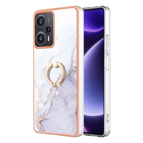 

For Xiaomi Poco F5 5G / Redmi Note 12 Turbo Electroplating Marble IMD TPU Phone Case with Ring Holder(White 006)