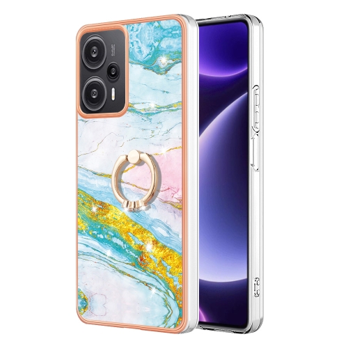 

For Xiaomi Poco F5 5G / Redmi Note 12 Turbo Electroplating Marble IMD TPU Phone Case with Ring Holder(Green 004)