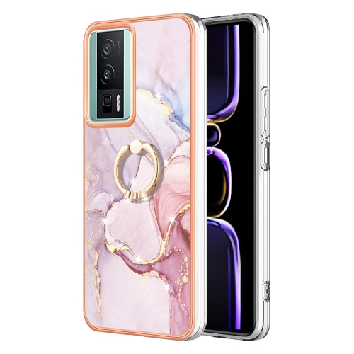 

For Xiaomi Poco F5 Pro 5G / Redmi K60 Electroplating Marble IMD TPU Phone Case with Ring Holder(Rose Gold 005)