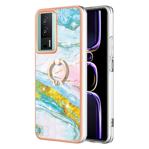 

For Xiaomi Poco F5 Pro 5G / Redmi K60 Electroplating Marble IMD TPU Phone Case with Ring Holder(Green 004)