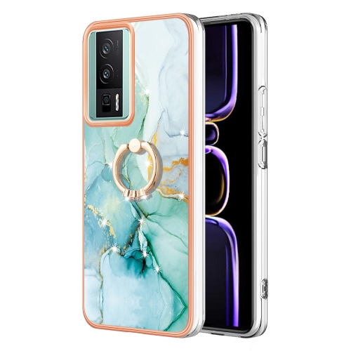 

For Xiaomi Poco F5 Pro 5G / Redmi K60 Electroplating Marble IMD TPU Phone Case with Ring Holder(Green 003)