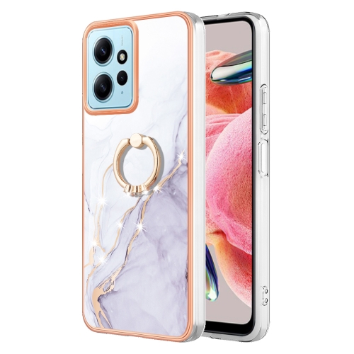

For Xiaomi Redmi Note 12 4G Global Electroplating Marble IMD TPU Phone Case with Ring Holder(White 006)