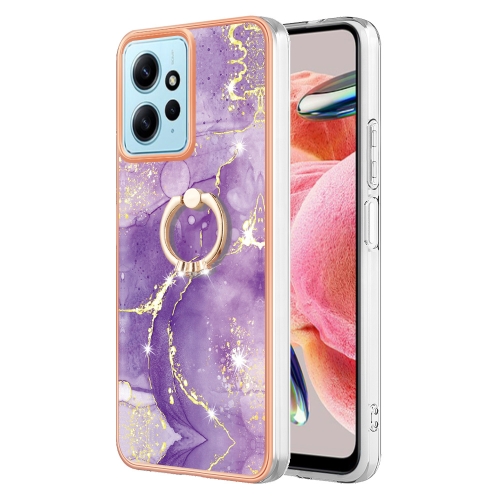 

For Xiaomi Redmi Note 12 4G Global Electroplating Marble IMD TPU Phone Case with Ring Holder(Purple 002)