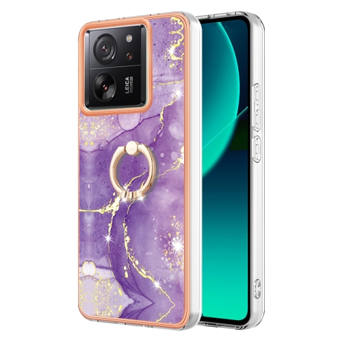 

For Xiaomi 13T/13T Pro Electroplating Marble IMD TPU Phone Case with Ring Holder(Purple 002)