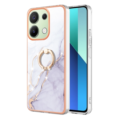 

For Xiaomi Redmi Note 13 4G Global Electroplating Marble IMD TPU Phone Case with Ring Holder(White 006)