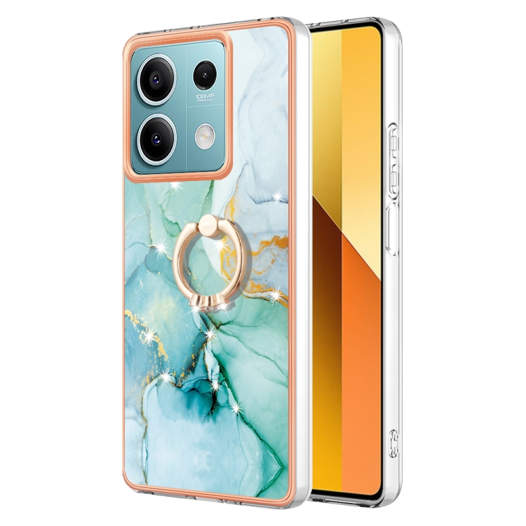 

For Xiaomi Redmi Note 13 5G Global Electroplating Marble IMD TPU Phone Case with Ring Holder(Green 003)