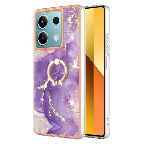 

For Xiaomi Redmi Note 13 5G Global Electroplating Marble IMD TPU Phone Case with Ring Holder(Purple 002)
