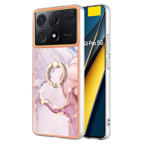 

For Xiaomi Poco X6 Pro / Redmi K70E Electroplating Marble IMD TPU Phone Case with Ring Holder(Rose Gold 005)
