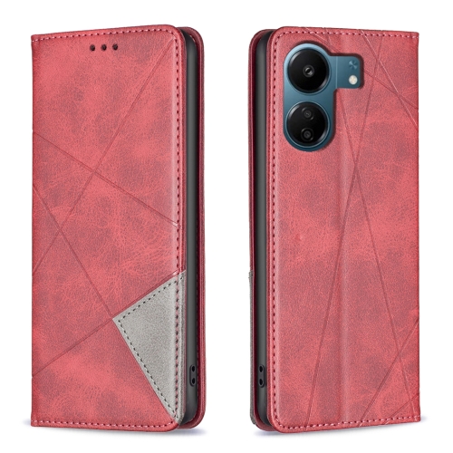 

For Xiaomi Redmi 13C Rhombus Texture Magnetic Leather Phone Case(Red)