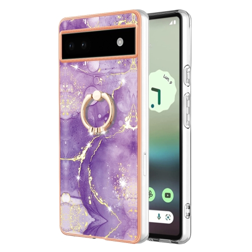 

For Google Pixel 6a Electroplating Marble IMD TPU Phone Case with Ring Holder(Purple 002)