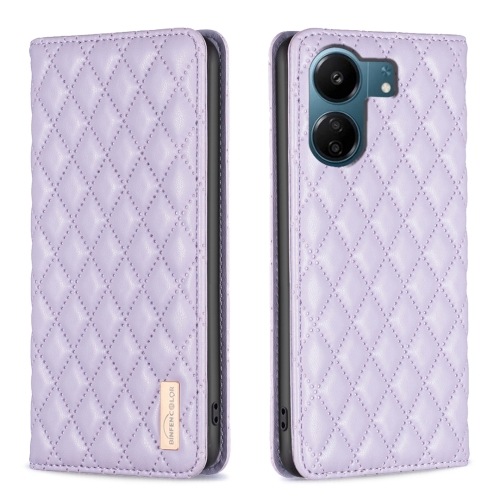 Para Xiaomi Redmi 13C Diamond Lattice Funda para teléfono con tapa de cuero  magnético (púrpura)