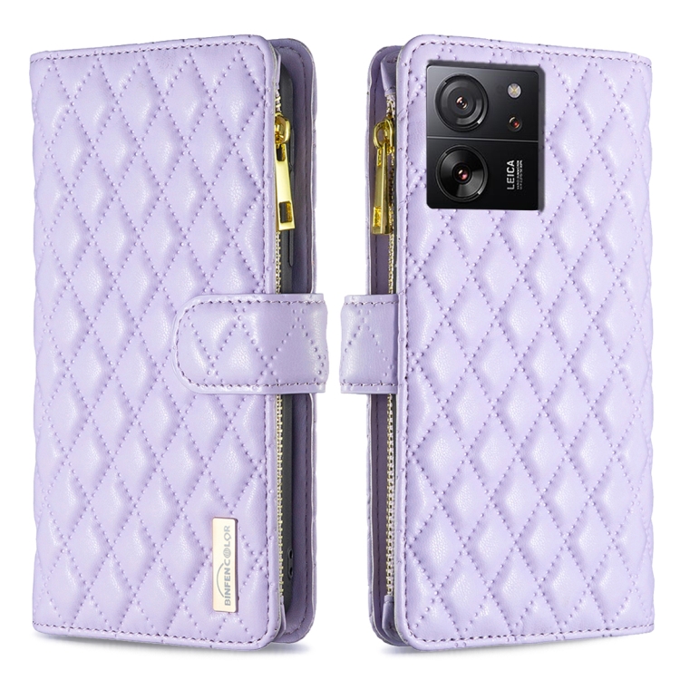 

For Xiaomi 13T / 13T Pro / Redmi K60 Ultra Diamond Lattice Zipper Wallet Leather Flip Phone Case(Purple)