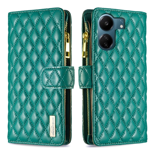 

For Xiaomi Redmi 13C Diamond Lattice Zipper Wallet Leather Flip Phone Case(Green)