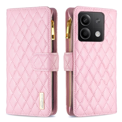 For Xiaomi Redmi Note 13 4G Global Diamond Lattice Zipper Wallet Leather Flip Phone Case(Pink) for iphone 13 pro max zipper wallet detachable magsafe leather phone case blue