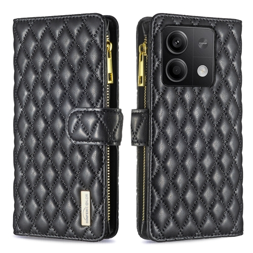 

For Xiaomi Redmi Note 13 4G Global Diamond Lattice Zipper Wallet Leather Flip Phone Case(Black)