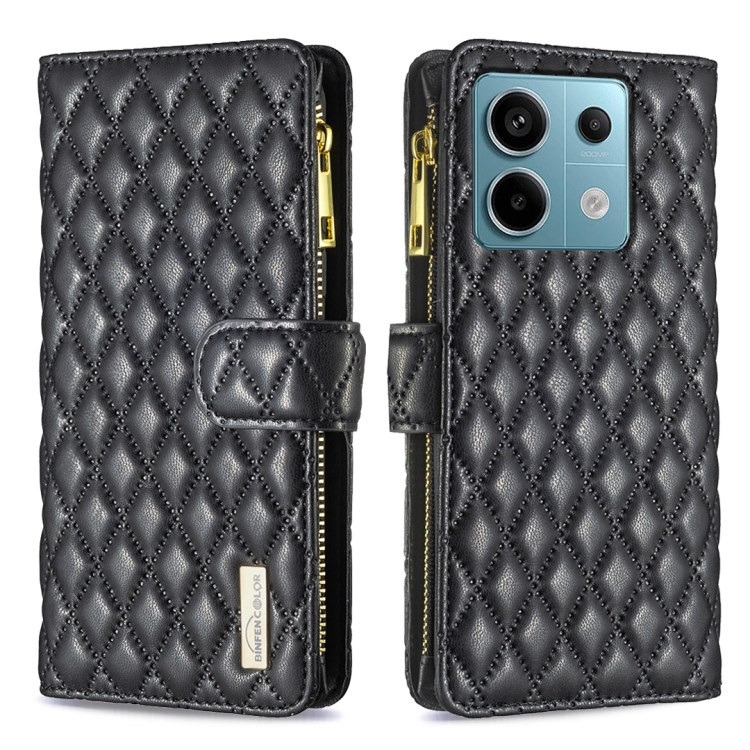 

For Xiaomi Redmi Note 13 Pro 4G Global Diamond Lattice Zipper Wallet Leather Flip Phone Case(Black)