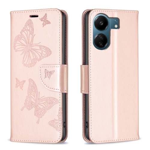 

For Xiaomi Redmi 13C Two Butterflies Embossing Leather Phone Case(Rose Gold)