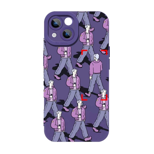 

For iPhone 14 Liquid Silicone Pedestrians Pattern Phone Case(Purple)