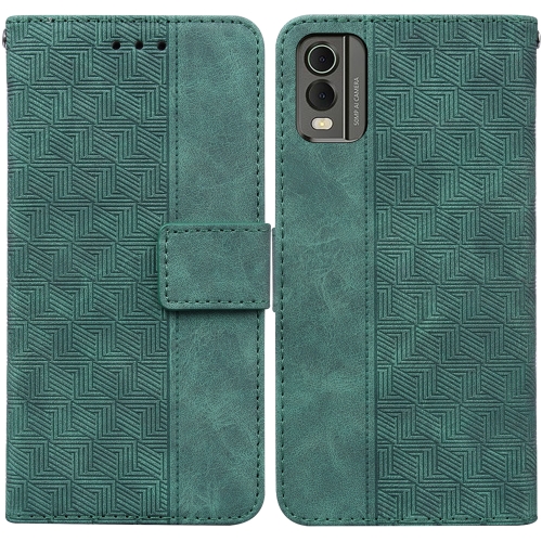 

For Nokia C32 Geometric Embossed Leather Phone Case(Green)