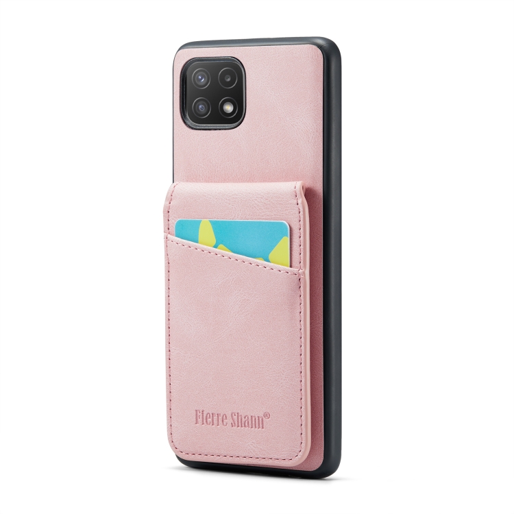 

For Samsung Galaxy A22 5G Fierre Shann Crazy Horse Card Holder Back Cover PU Phone Case(Pink)