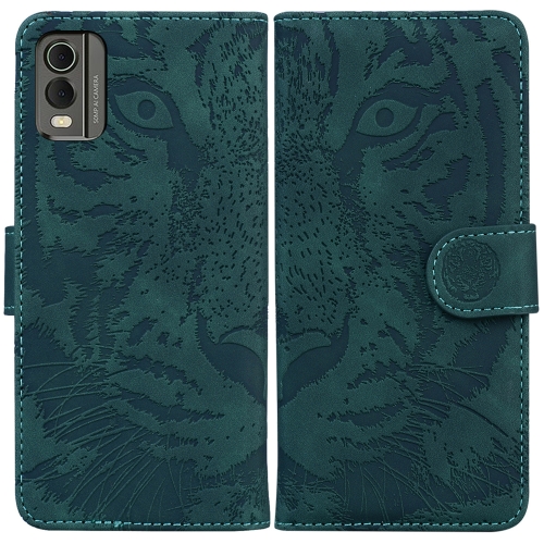 

For Nokia C32 Tiger Embossing Pattern Flip Leather Phone Case(Green)