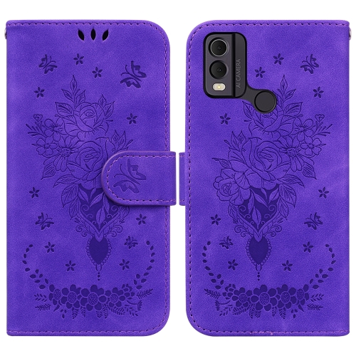 

For Nokia C32 Butterfly Rose Embossed Leather Phone Case(Purple)