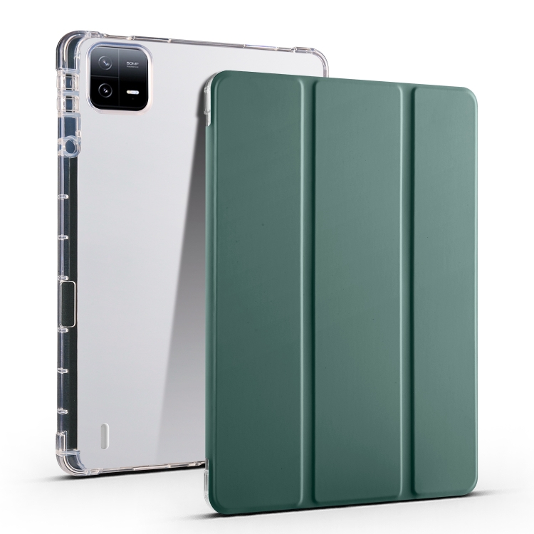 

For Xiaomi Pad 6 / 6 Pro 3-fold Clear TPU Smart Leather Tablet Case with Pen Slot(Dark Green)