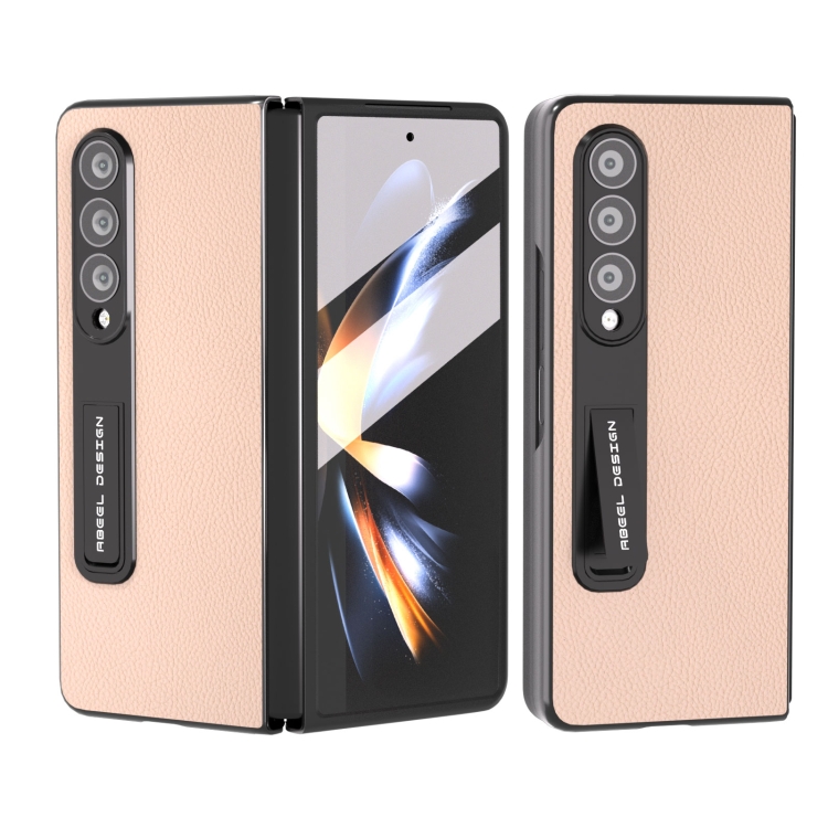 

For Samsung Galaxy Z Fold4 5G Integrated Genuine Leather + PC Litchi Texture Phone Case with Holder(Pink Gold)