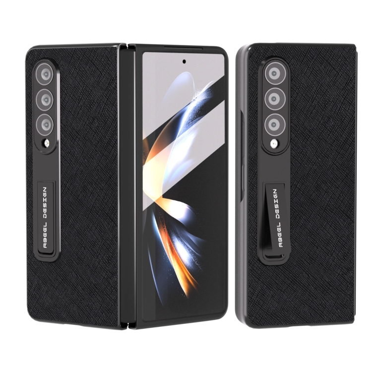 

For Samsung Galaxy Z Fold4 5G Integrated Cross Texture Genuine Leather Phone Case with Holder(Black)
