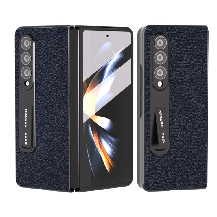 

For Samsung Galaxy Z Fold4 5G Integrated Cross Texture Genuine Leather Phone Case with Holder(Blue)