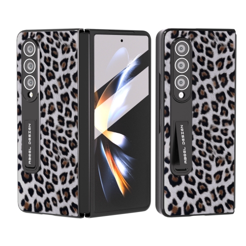 

For Samsung Galaxy Z Fold4 5G Integrated Black Edge Leopard Phone Case with Holder(Silver)