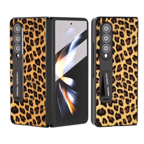 

For Samsung Galaxy Z Fold4 5G Integrated Black Edge Leopard Phone Case with Holder(Champagne Gold)