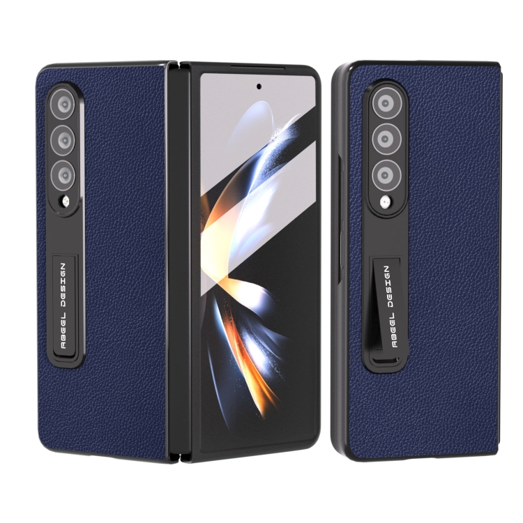 

For Samsung Galaxy Z Fold4 5G Integrated Black Edge Genuine Leather Mino Phone Case with Holder(Royal Blue)
