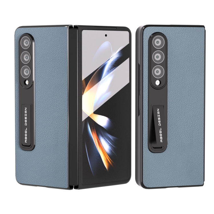 

For Samsung Galaxy Z Fold4 5G Integrated Black Edge Genuine Leather Mino Phone Case with Holder(Blue)