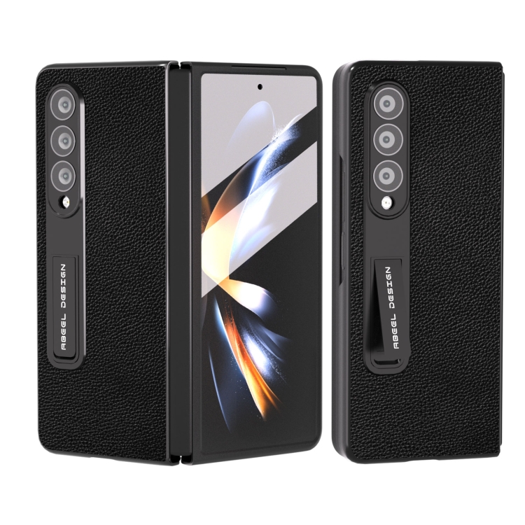 

For Samsung Galaxy Z Fold4 5G Integrated Black Edge Genuine Leather Mino Phone Case with Holder(Black)