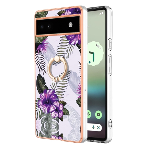 

For Google Pixel 6a Electroplating IMD TPU Phone Case with Ring(Purple Flower)