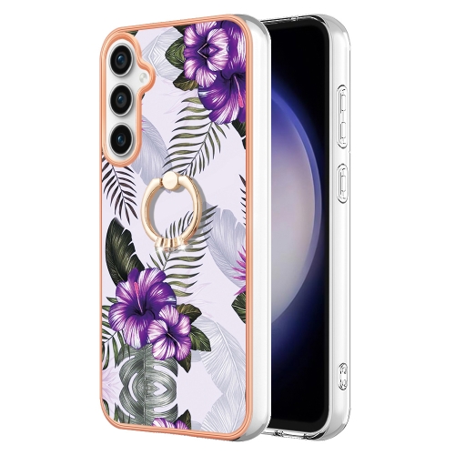 For Samsung Galaxy S23 FE 5G Electroplating IMD TPU Phone Case with Ring(Purple Flower) 14k gold injection open ring plated with true gold craft fishtail zircon pearl temperament diy accessories